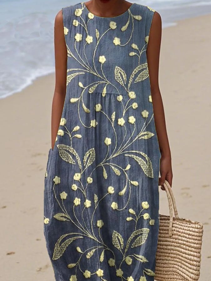 Nara – Sleeveless Indigo Floral Dress for Women