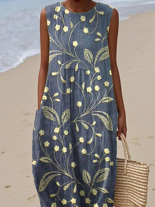 Nara – Sleeveless Indigo Floral Dress for Women