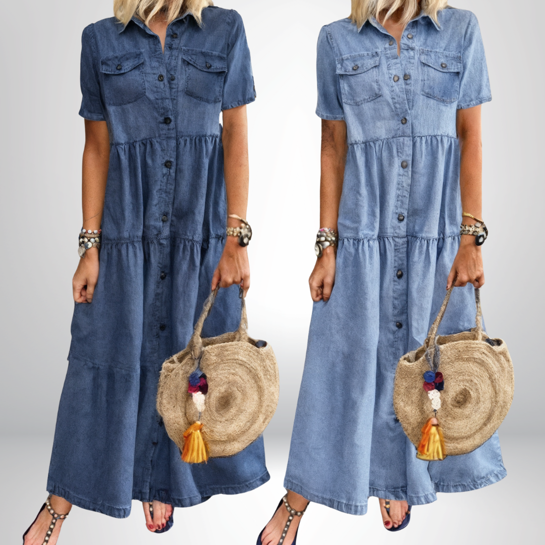 Maravelle – Tiered Button-Down Denim Maxi Dress for Women