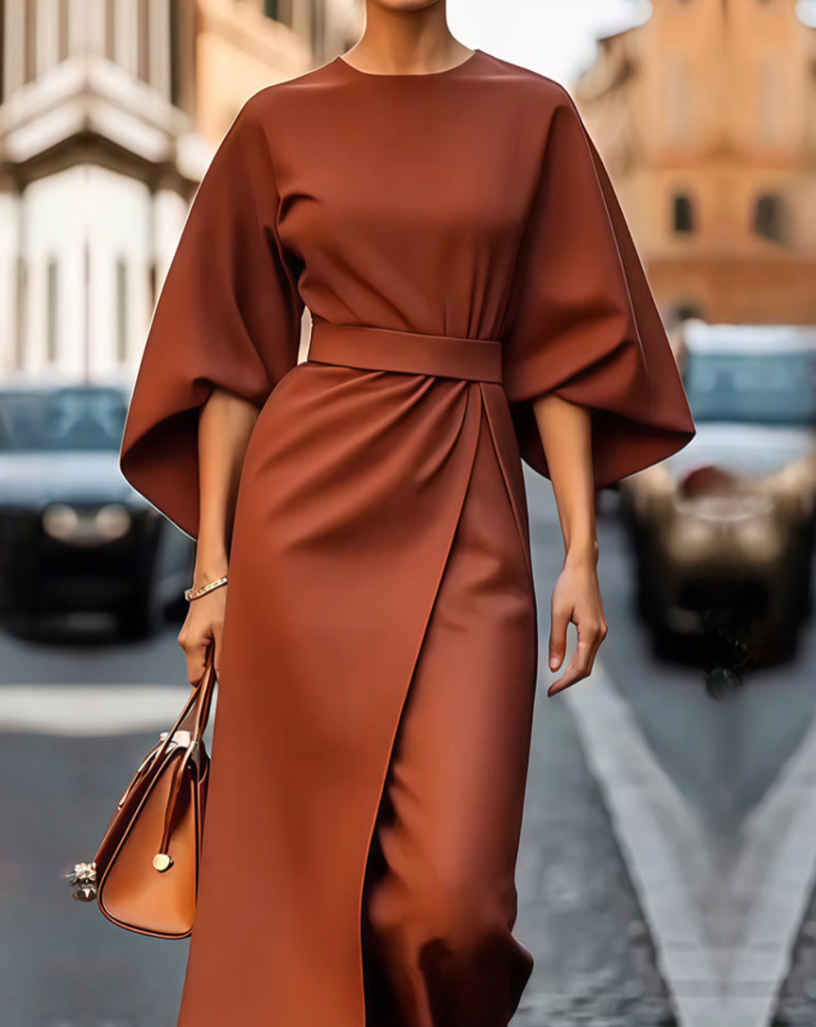 Heather – Belted Batwing Sleeve Midi Dress for Women