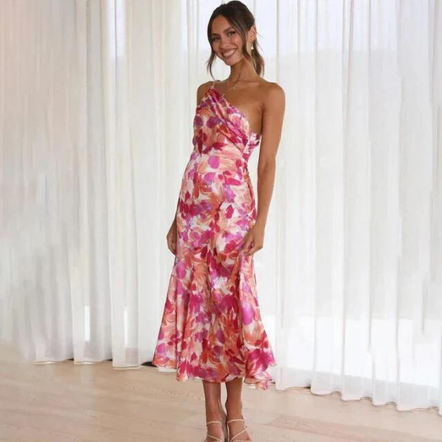 Seravina – One-Shoulder Satin Floral Midi Dress for Women