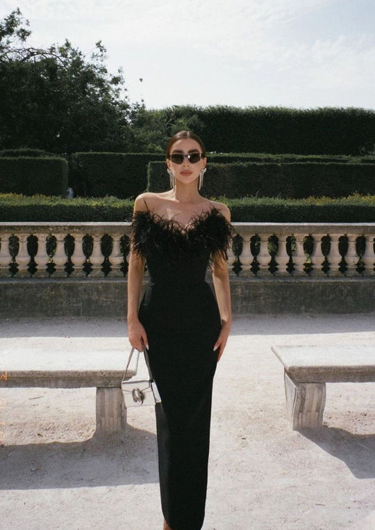 Fjolla – Feathered Elegance Strapless Gown