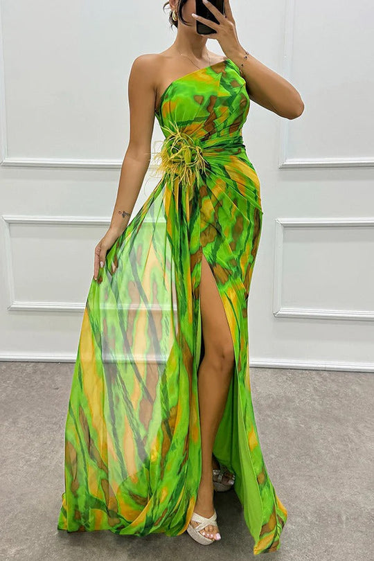 Maravelle – Strapless Abstract Chiffon Gown for Women