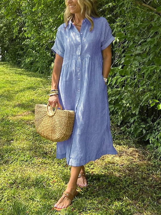 Solanys – Striped Cotton Midi Day Dress for Women
