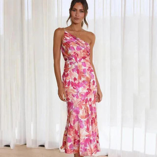Seravina – One-Shoulder Satin Floral Midi Dress for Women
