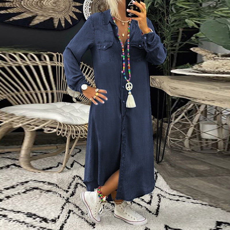 Lunessy – Relaxed Button-Front Denim Shirt Dress for Women
