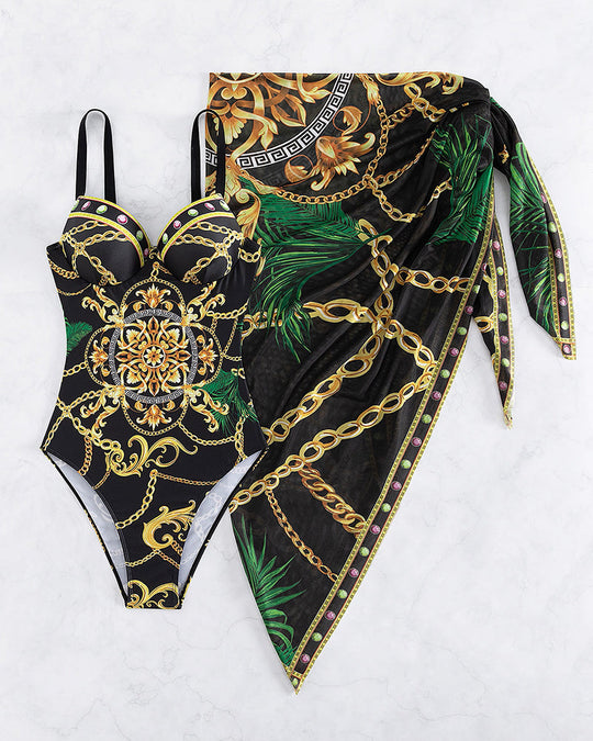 Grete – Luxe Baroque One-Piece Set with Sheer Wrap