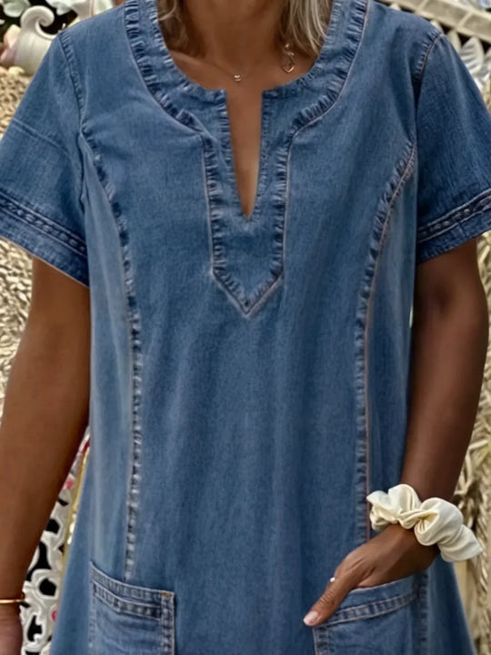 Averra – V-Neck Pocketed Denim Shift Dress for Women