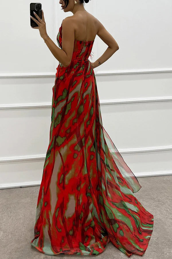 Maravelle – Strapless Abstract Chiffon Gown for Women