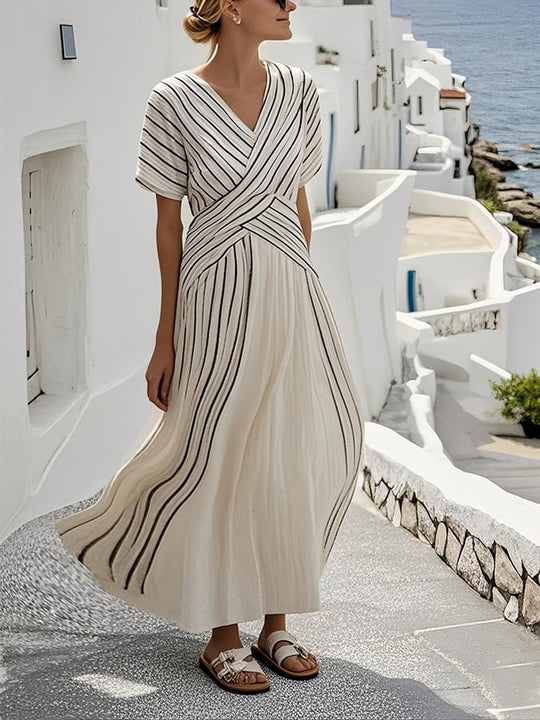 Kanerva – Linen Stripe Crossover Dress for Women