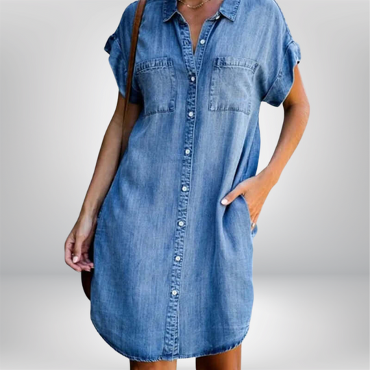 Caldria – Rolled Sleeve Button-Down Denim Shirt Dress for Women