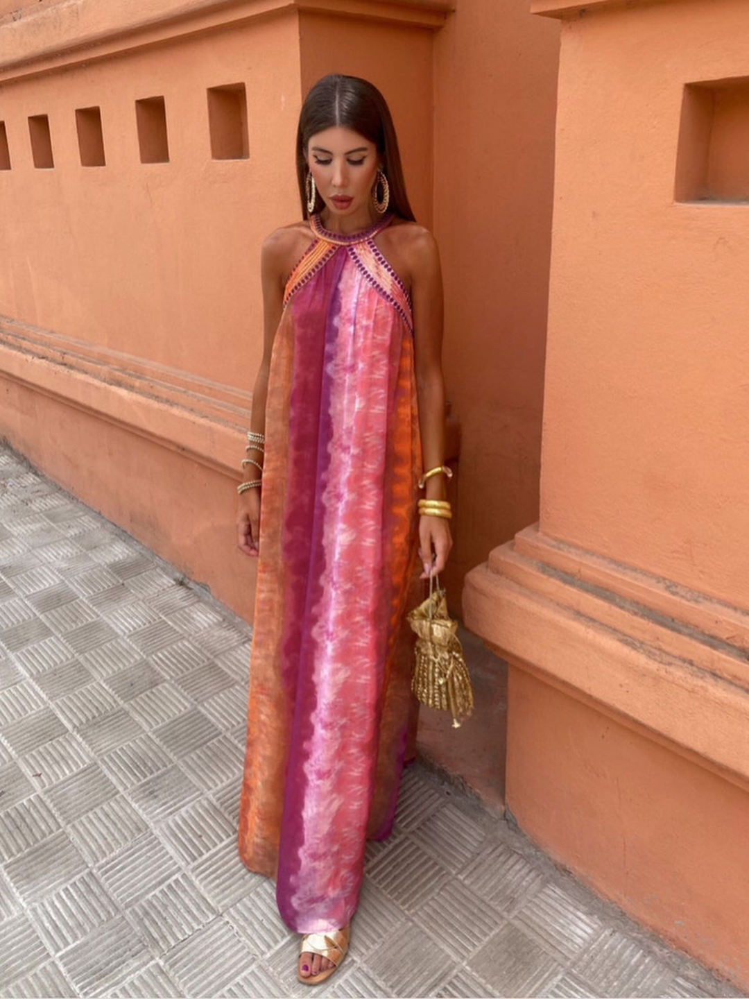 Serelina – Watercolor Halter Backless Maxi Dress for Women