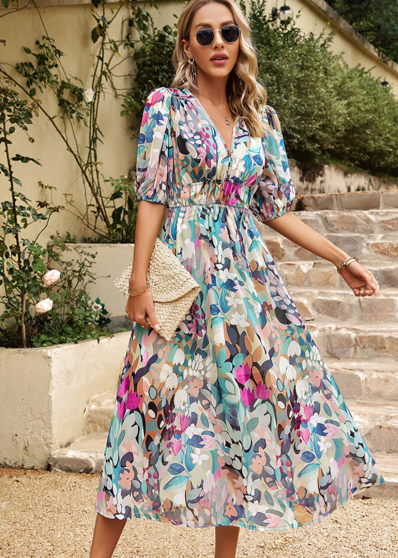 Karyne – Printed Midi Dress with Puff Sleeves for Women
