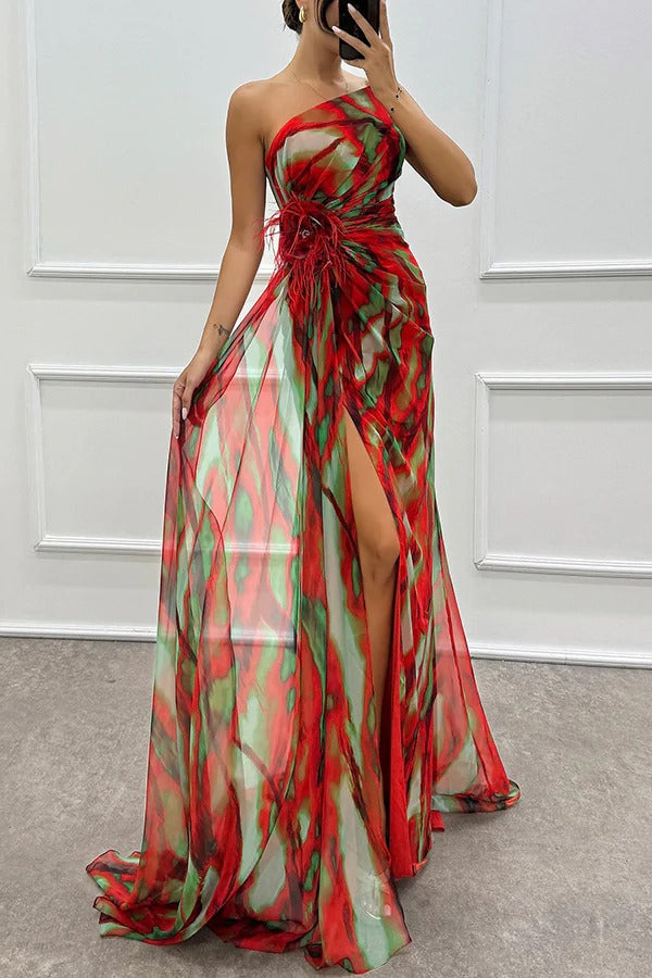 Maravelle – Strapless Abstract Chiffon Gown for Women