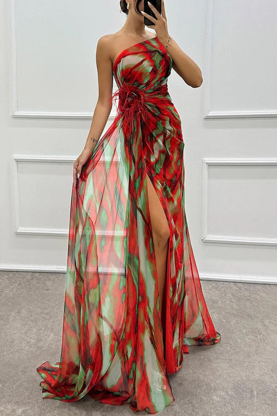 Maravelle – Strapless Abstract Chiffon Gown for Women