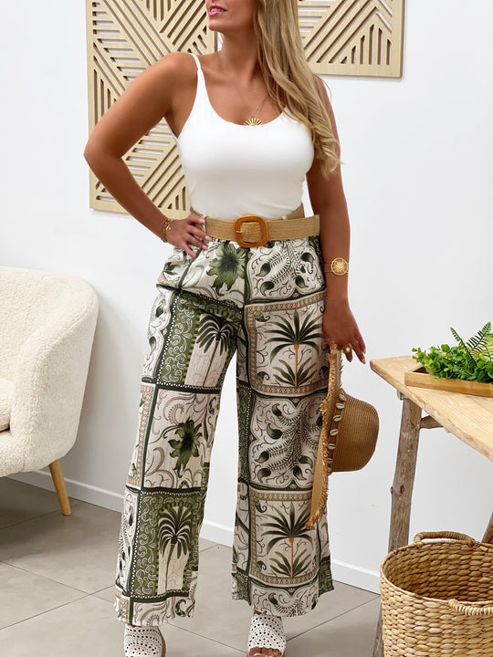 Kalari – Tropical Print Palazzo Pants Khaki for Women