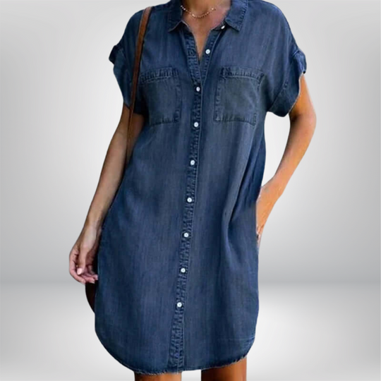 Caldria – Rolled Sleeve Button-Down Denim Shirt Dress for Women