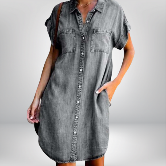 Caldria – Rolled Sleeve Button-Down Denim Shirt Dress for Women