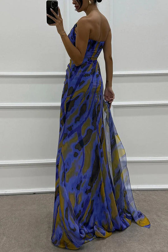 Maravelle – Strapless Abstract Chiffon Gown for Women