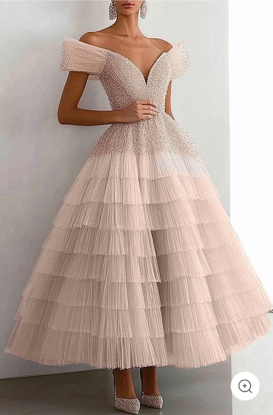 Enni – Off-Shoulder Tiered Tulle Midi Dress