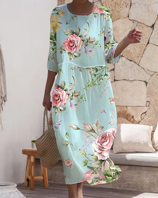 Florvienne – Pastel Floral Chiffon Midi Dress for Women