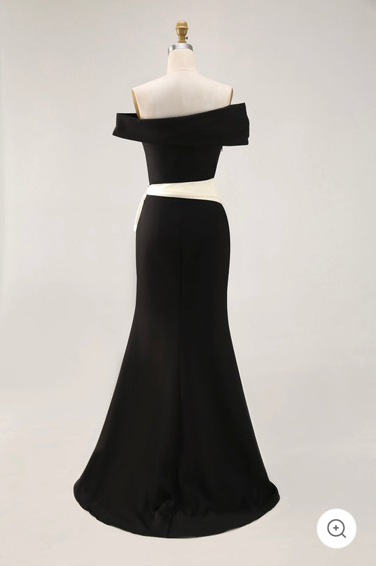 Solenne – Off-Shoulder Black Evening Gown with Champagne Sash