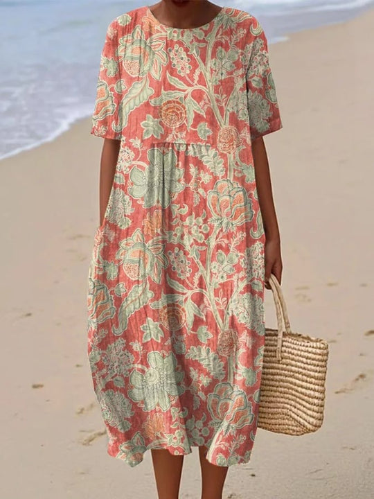 Elina – Floral Breeze Cotton Midi Dress for Women