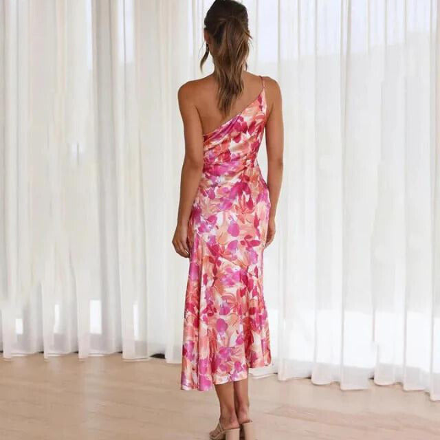 Seravina – One-Shoulder Satin Floral Midi Dress for Women