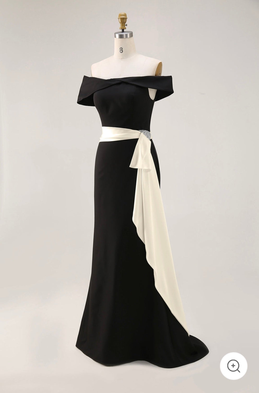 Solenne – Off-Shoulder Black Evening Gown with Champagne Sash