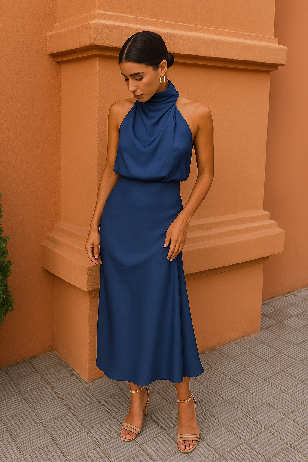 Selvanna – Satin Halter Neck Midi Dress for Women