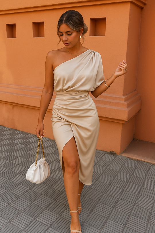 Celvaya – One-Shoulder Satin Drape Dress for Women
