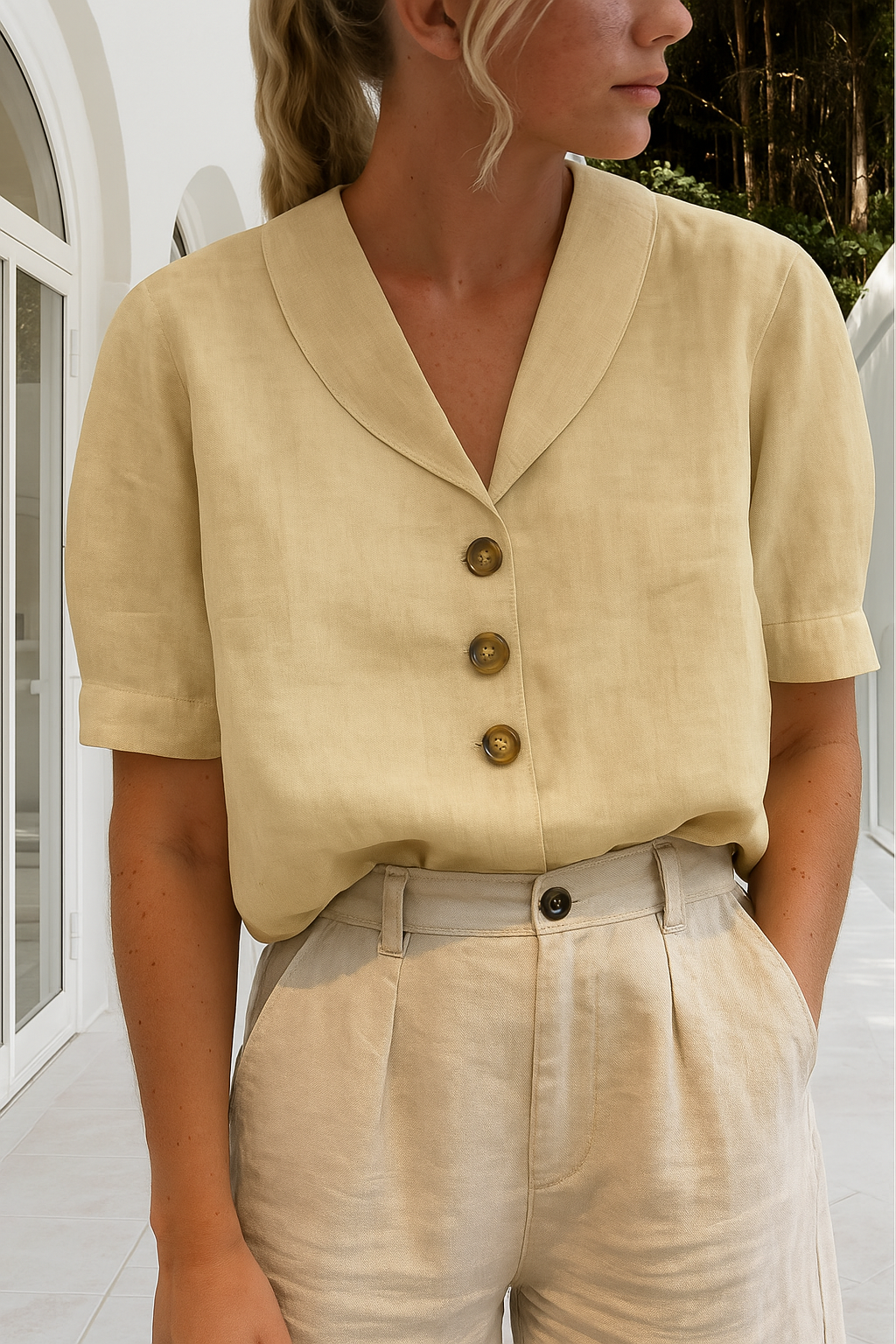 Melua – Linen Blend V-Neck Blouse for Women