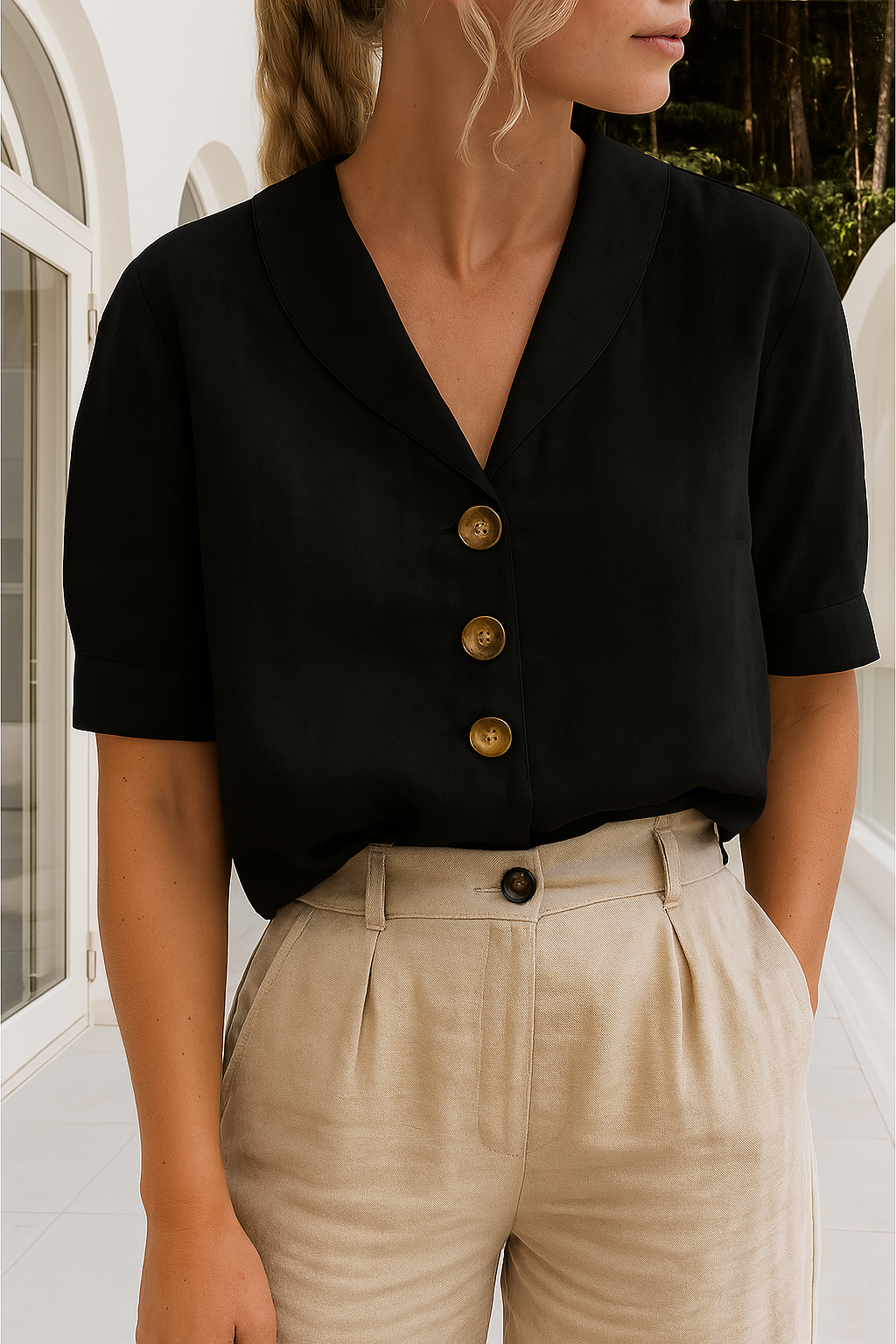 Melua – Linen Blend V-Neck Blouse for Women