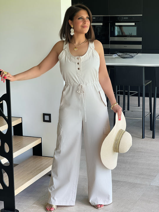 Luminae – Button-Front Summer Beige Jumpsuit for Women