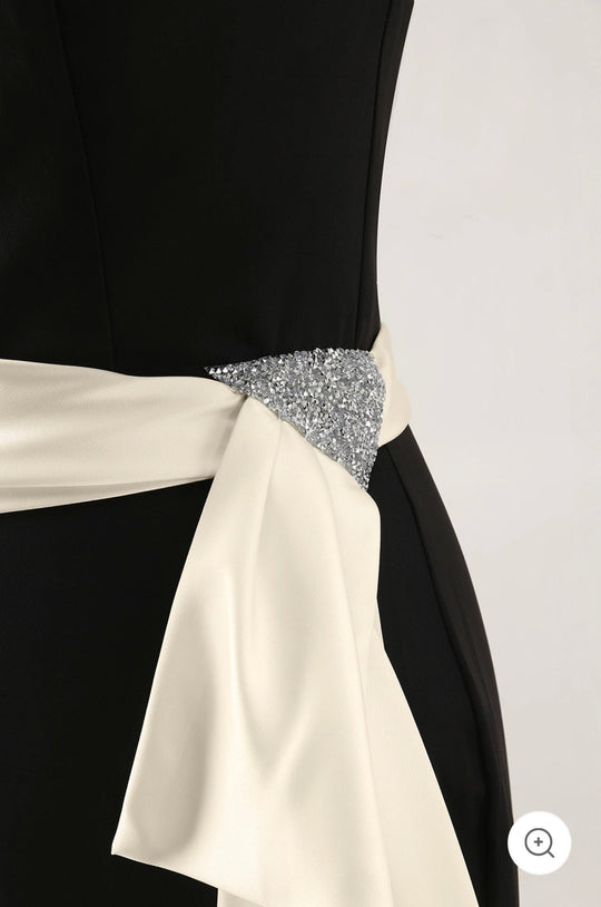 Solenne – Off-Shoulder Black Evening Gown with Champagne Sash