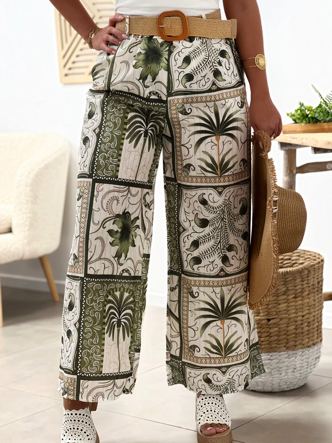 Kalari – Tropical Print Palazzo Pants Khaki for Women