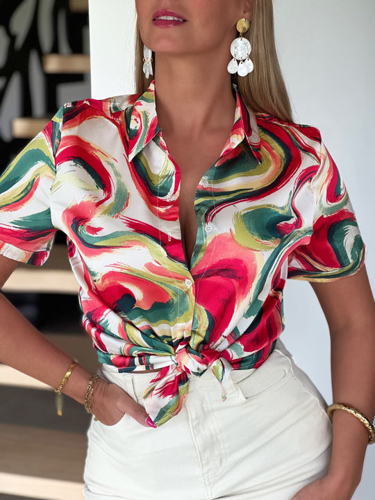 Golda – Swirl Print Satin Button-Up Green Blouse for Women
