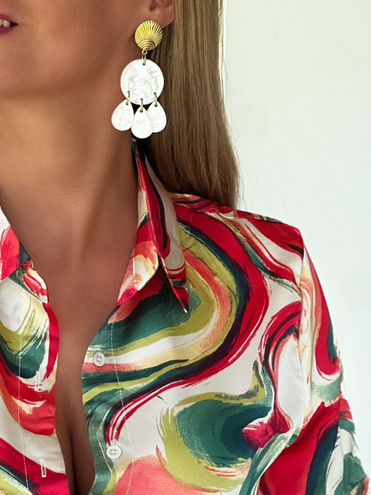 Golda – Swirl Print Satin Button-Up Green Blouse for Women
