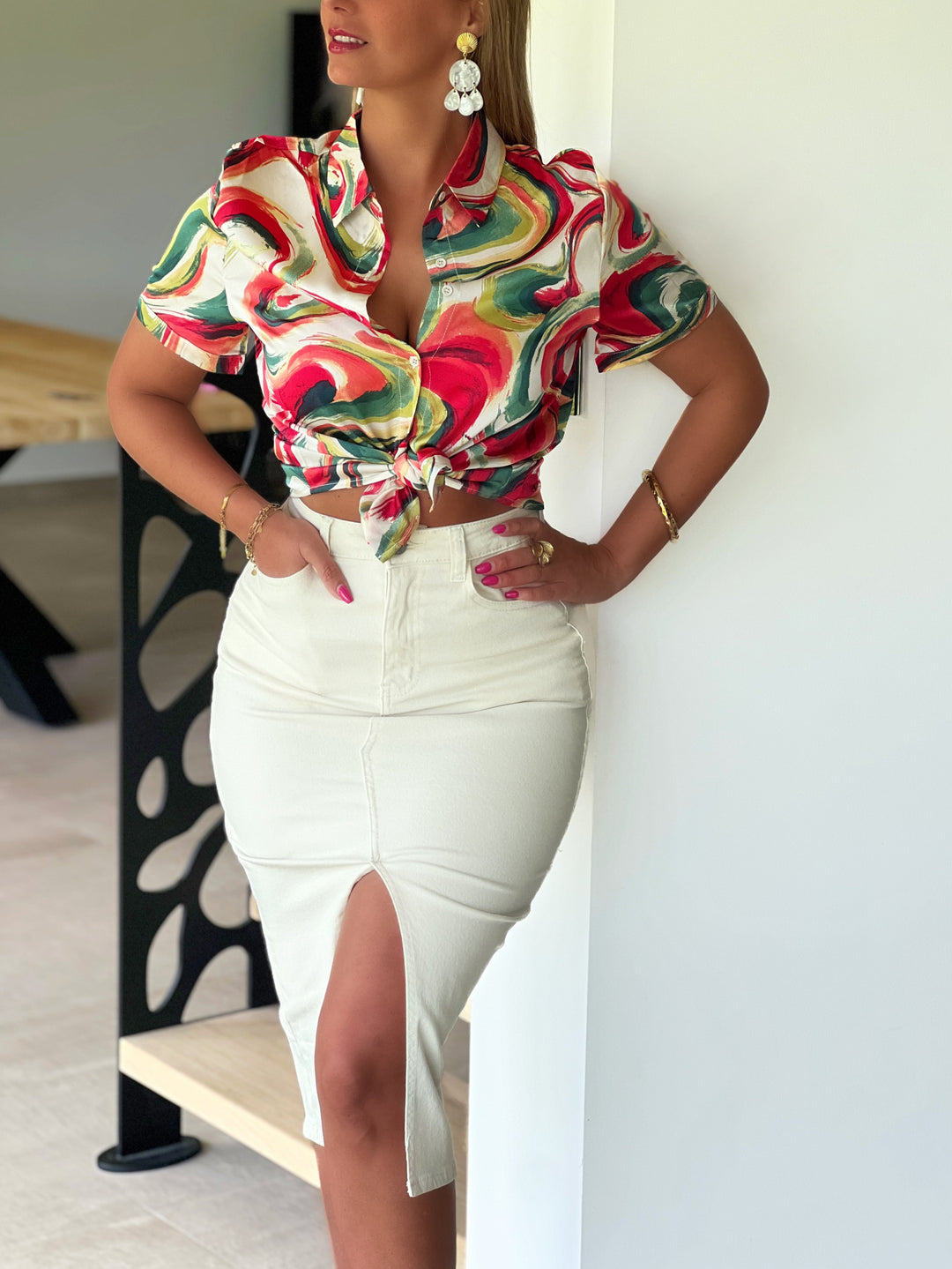 Golda – Swirl Print Satin Button-Up Green Blouse for Women