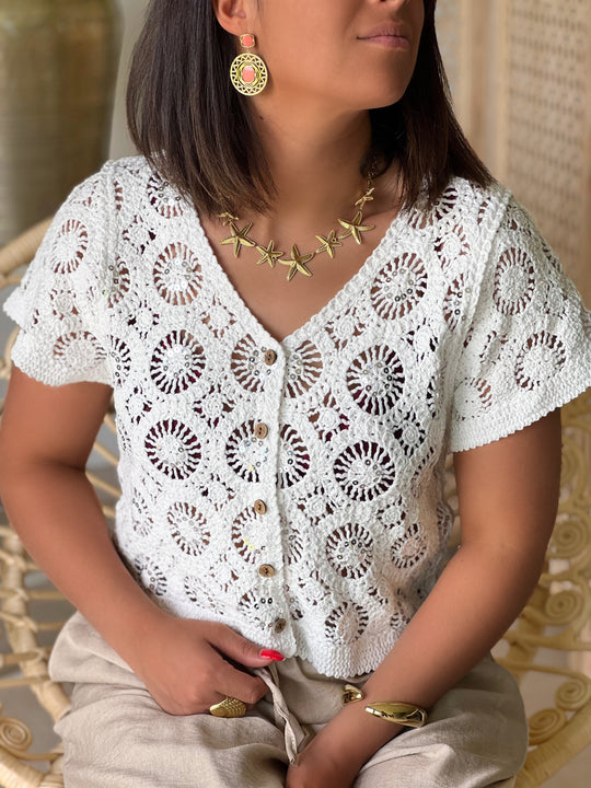 SOFIA Vest - WHITEaAlmirea – Crochet Button-Front Blouse for Women