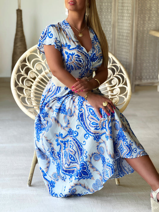 Elyvora – Blue Porcelain Print Wrap Maxi Dress for Women