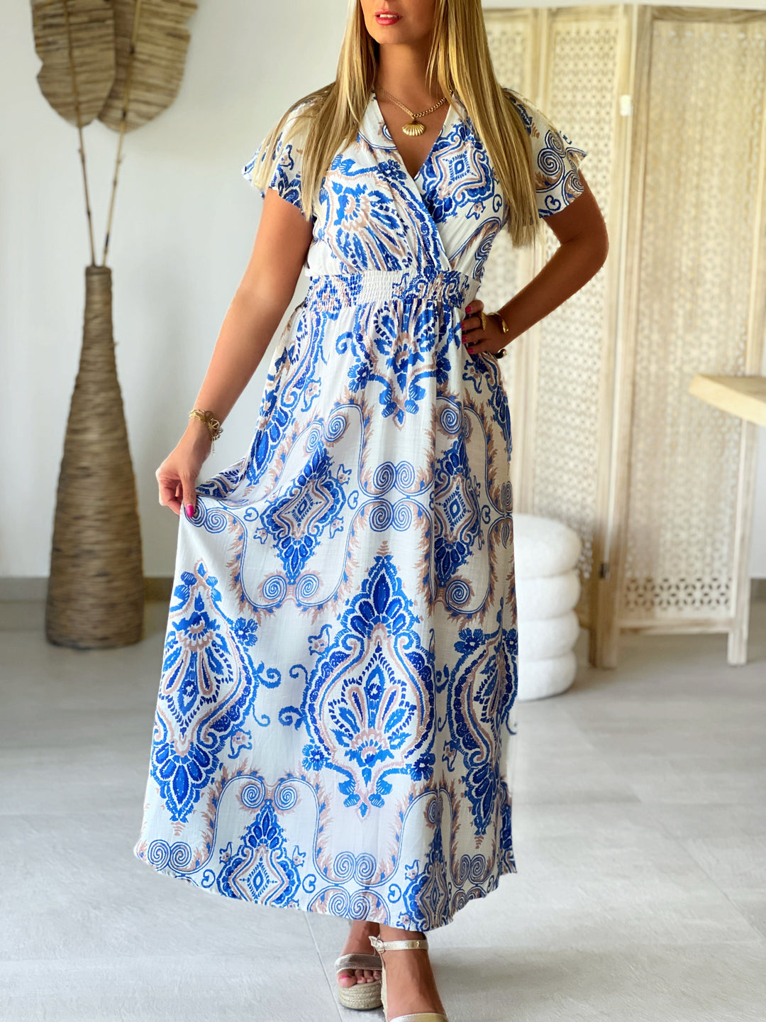 Elyvora – Blue Porcelain Print Wrap Maxi Dress for Women