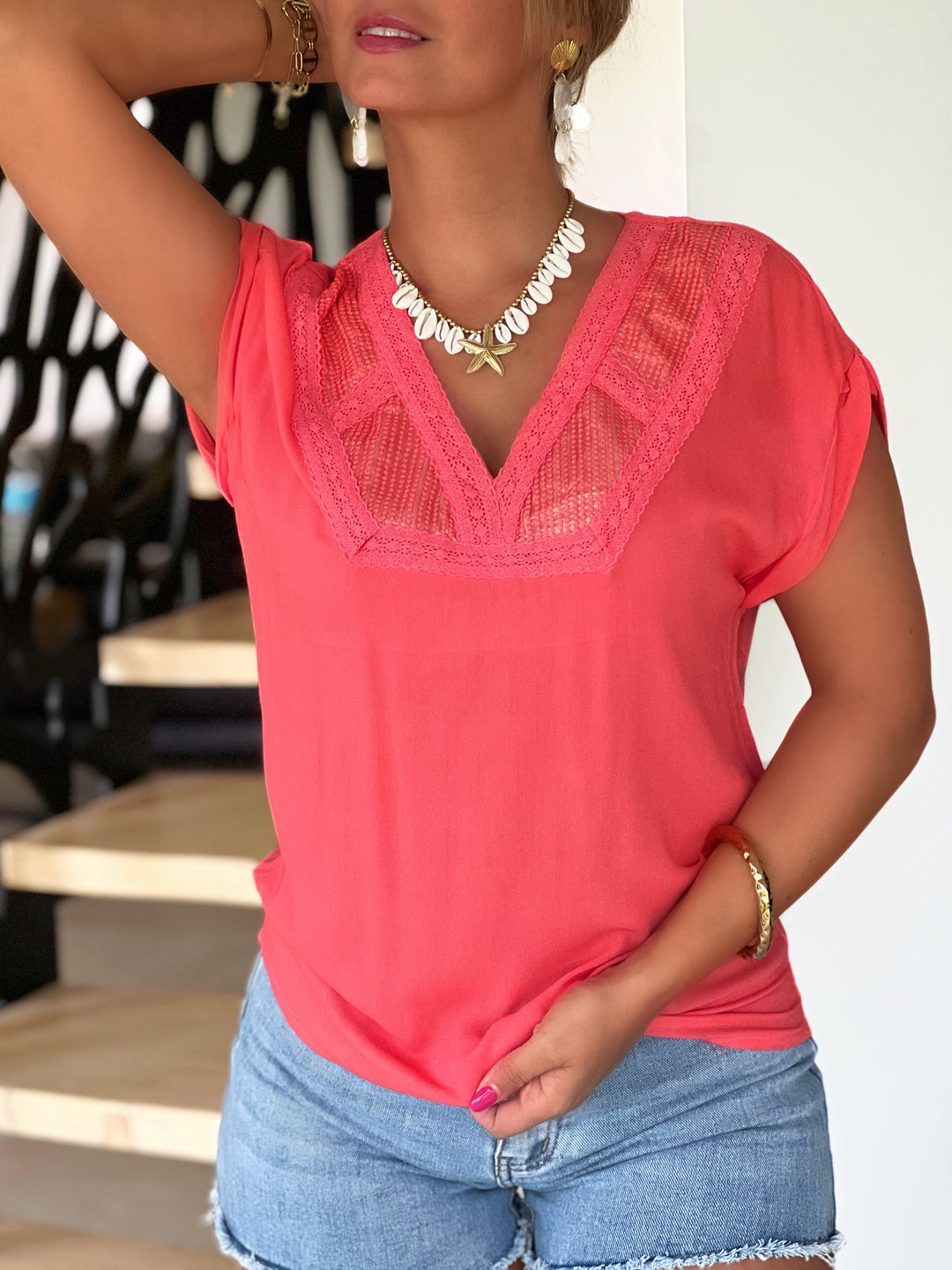 Alivya – Lace Detail V-Neck Blouse for Women