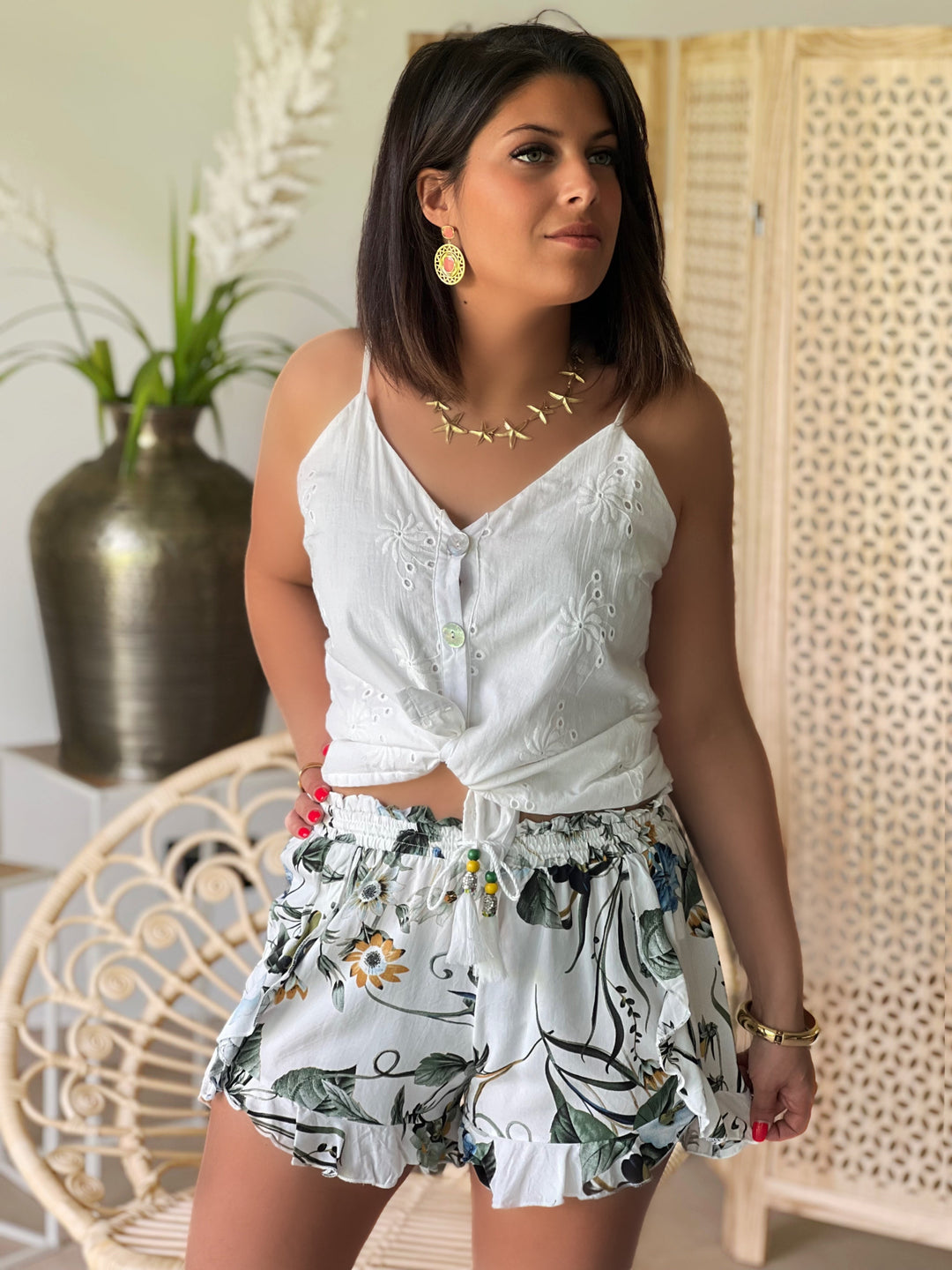 Floréna – Botanical Ruffle-Waist Shorts for Women
