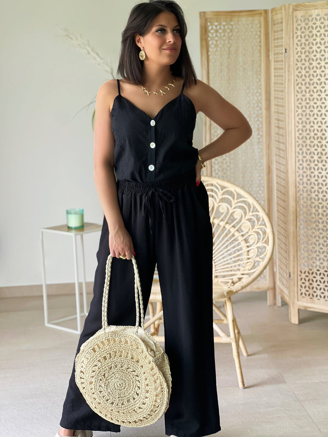 Melura – Button-Front Eyelet Cami Black Top for Women