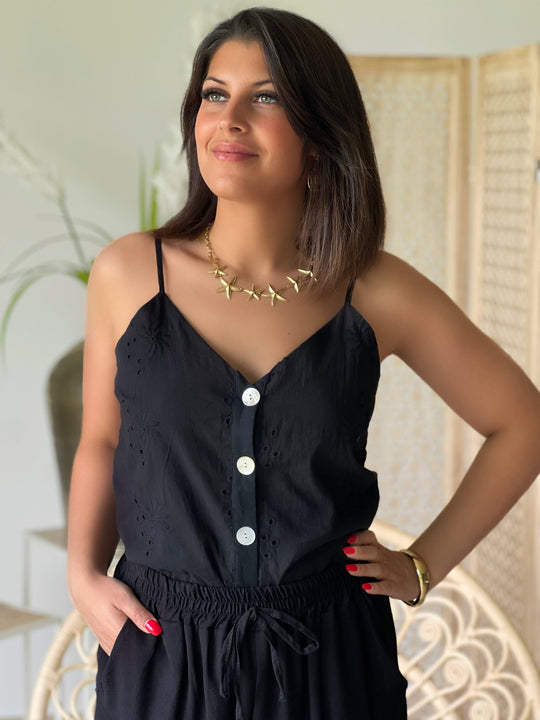 Melura – Button-Front Eyelet Cami Black Top for Women
