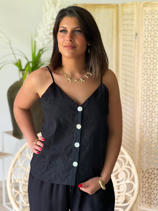 Melura – Button-Front Eyelet Cami Black Top for Women