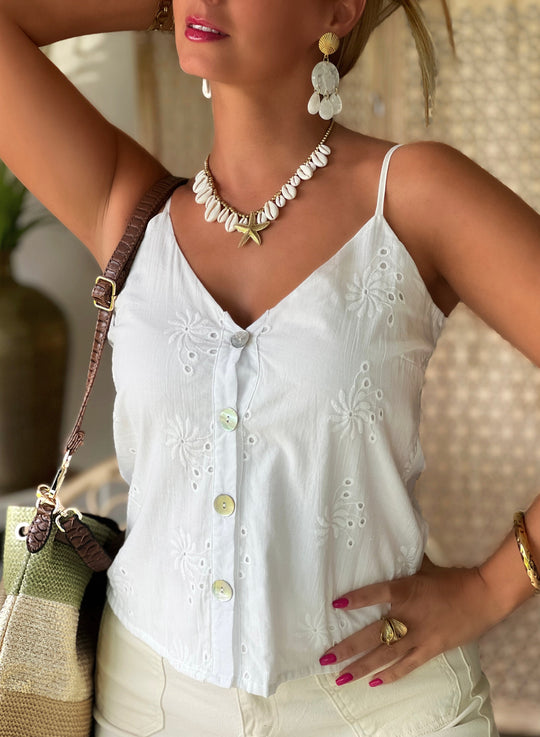 Melura – Button-Front Eyelet Cami White Top for Women