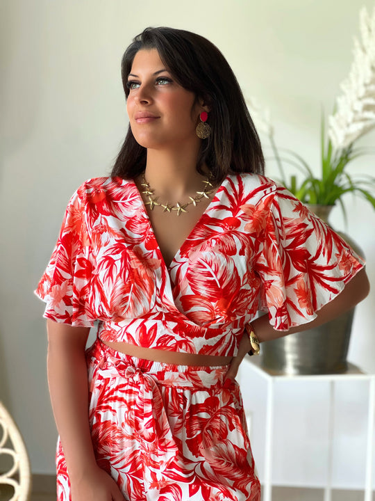 Branwen – Tropical Print Orange Crop Top for Women