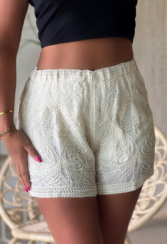Elyra – Embroidered Cotton BeigeShorts for Women